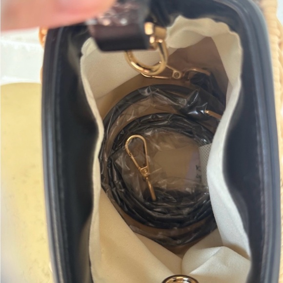 Wicker Loulu Gold Tan Black Woven Handbag Purse with Crossbody Strap - Picture 6 of 9